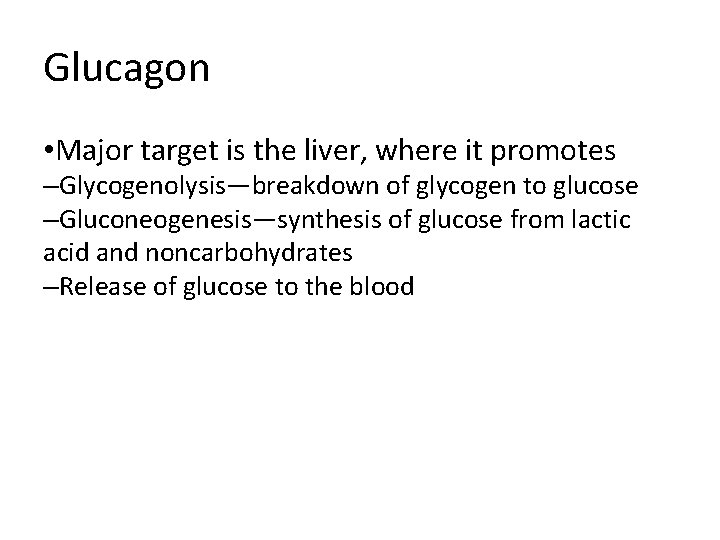 Glucagon • Major target is the liver, where it promotes –Glycogenolysis—breakdown of glycogen to