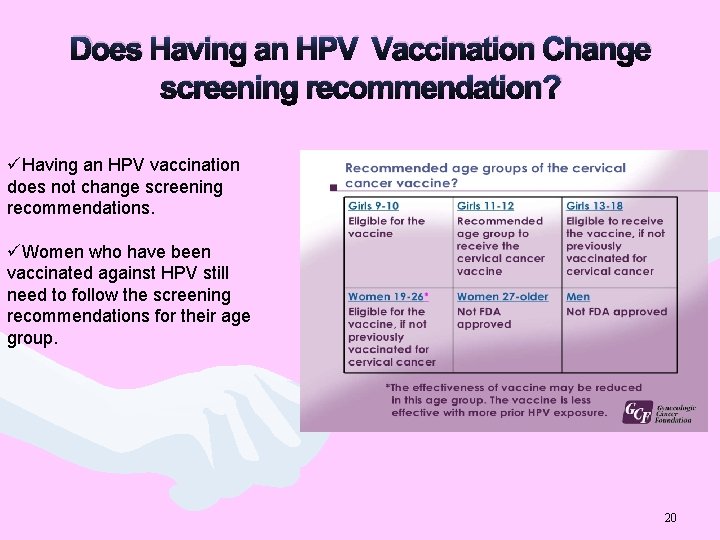 Does Having an HPV Vaccination Change screening recommendation? üHaving an HPV vaccination does not