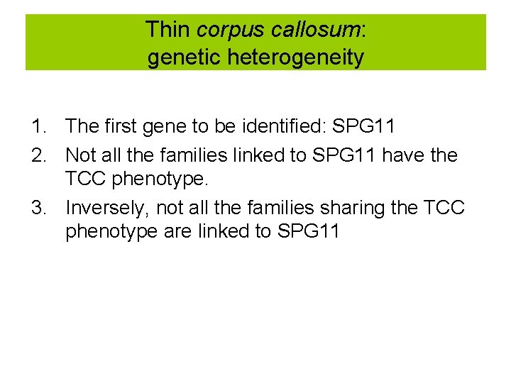 Thin corpus callosum: genetic heterogeneity 1. The first gene to be identified: SPG 11 Thin corpus callosum: genetic heterogeneity 1. The first gene to be identified: SPG 11