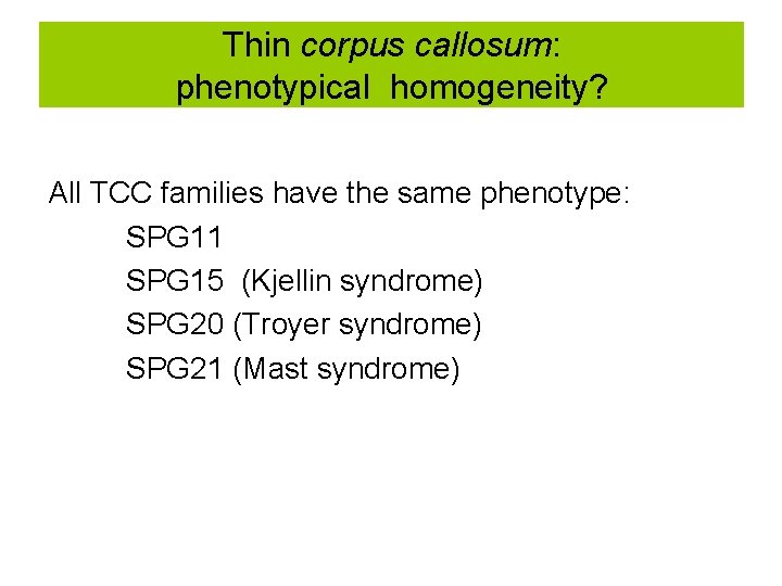 Thin corpus callosum: phenotypical homogeneity? All TCC families have the same phenotype: SPG 11