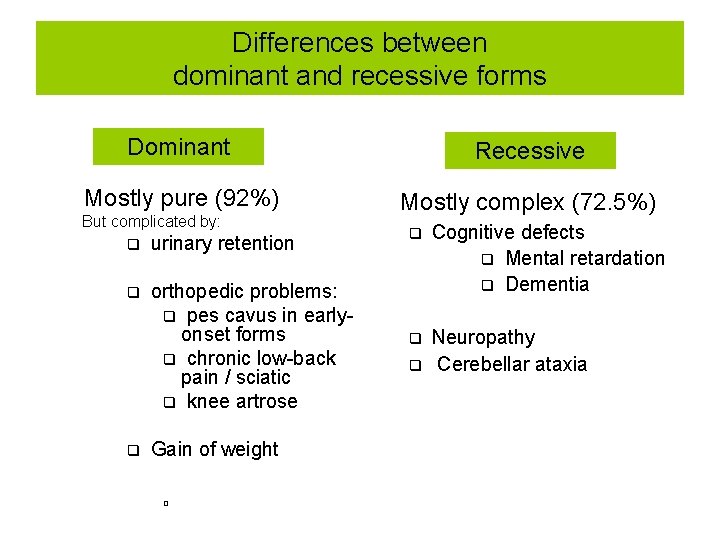 Differences between dominant and recessive forms Dominant Recessive Mostly pure (92%) Mostly complex (72. Differences between dominant and recessive forms Dominant Recessive Mostly pure (92%) Mostly complex (72.