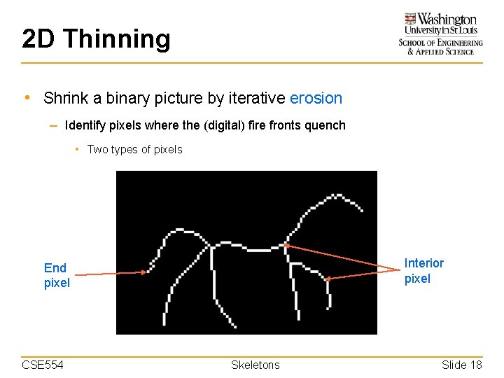 2 D Thinning • Shrink a binary picture by iterative erosion – Identify pixels