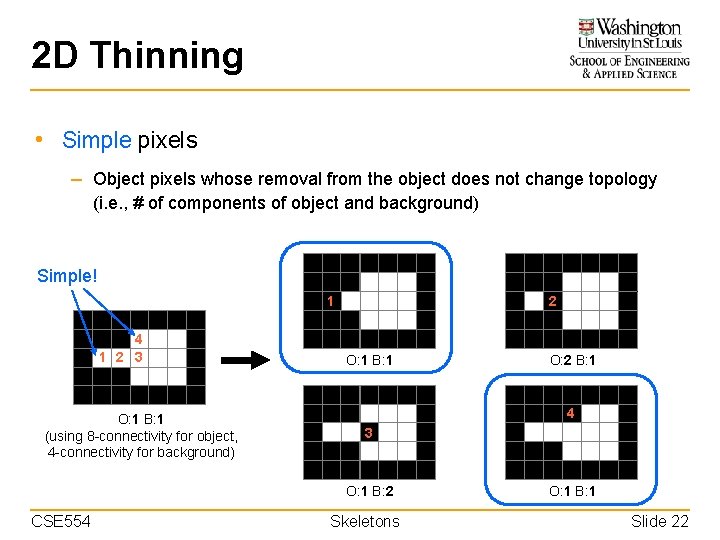 2 D Thinning • Simple pixels – Object pixels whose removal from the object