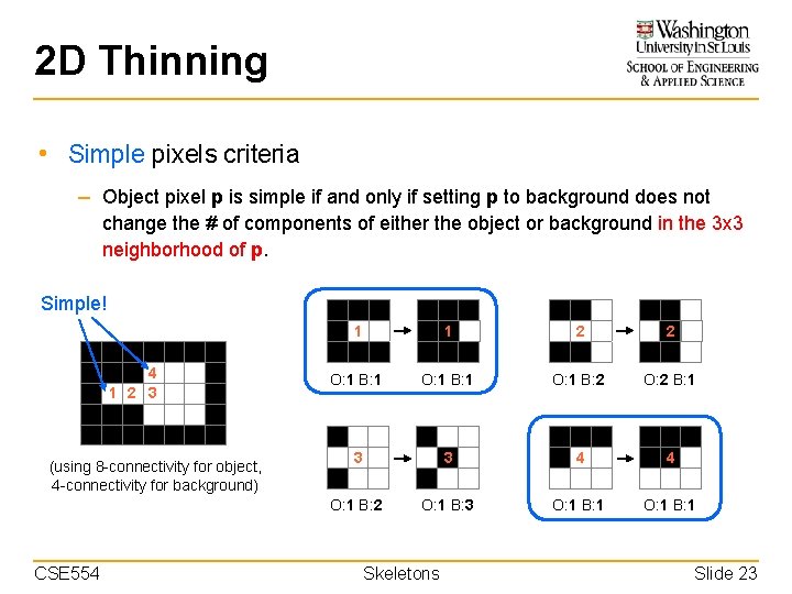 2 D Thinning • Simple pixels criteria – Object pixel p is simple if