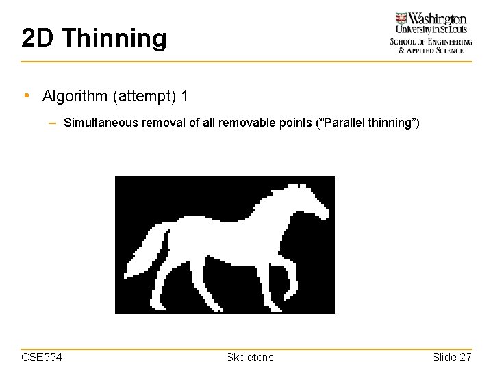 2 D Thinning • Algorithm (attempt) 1 – Simultaneous removal of all removable points