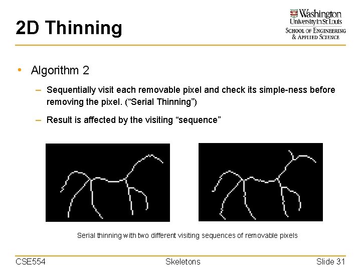 2 D Thinning • Algorithm 2 – Sequentially visit each removable pixel and check