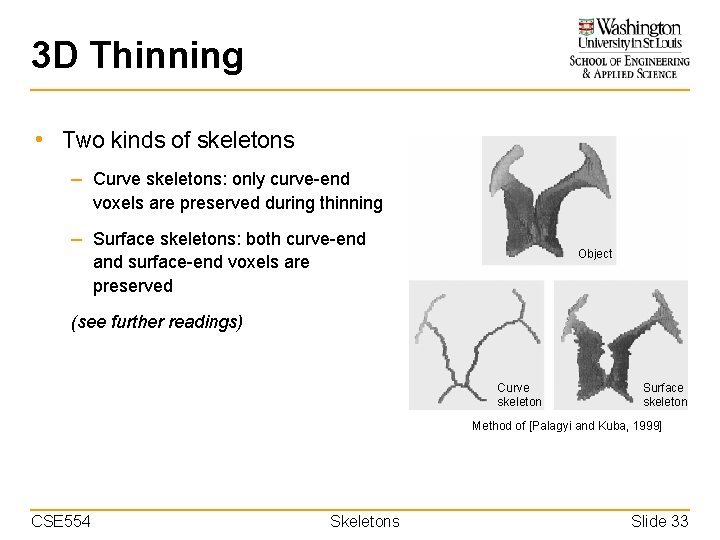 3 D Thinning • Two kinds of skeletons – Curve skeletons: only curve-end voxels