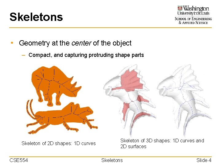 Skeletons • Geometry at the center of the object – Compact, and capturing protruding