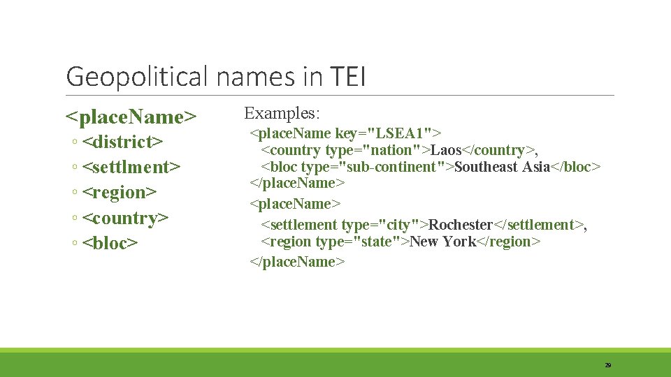 Geopolitical names in TEI <place. Name> ◦ <district> ◦ <settlment> ◦ <region> ◦ <country>