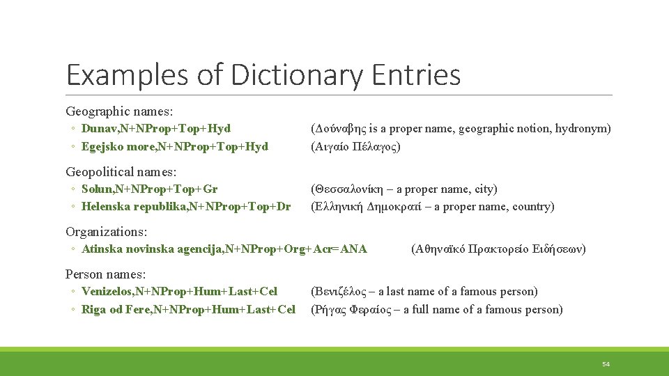 Examples of Dictionary Entries Geographic names: ◦ Dunav, N+NProp+Top+Hyd ◦ Egejsko more, N+NProp+Top+Hyd (Δούναβης