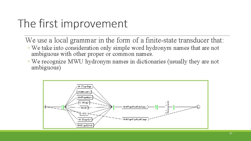 The first improvement We use a local grammar in the form of a finite-state