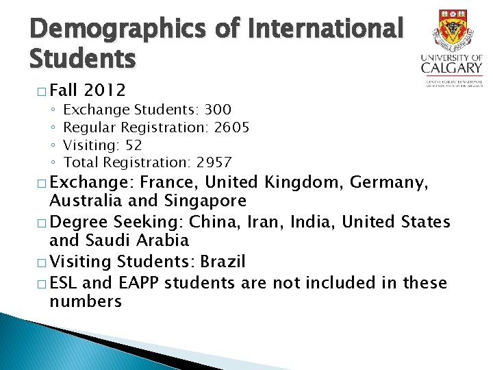 Demographics of International Students � Fall ◦ ◦ 2012 Exchange Students: 300 Regular Registration: