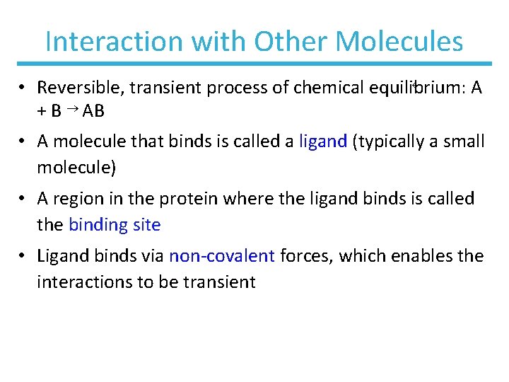 Interaction with Other Molecules • Reversible, transient process of chemical equilibrium: A + B