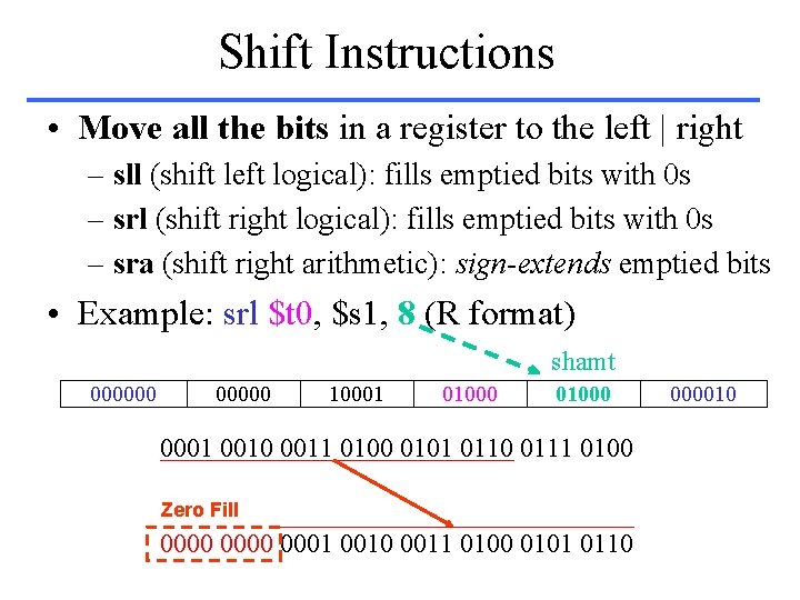 Shift Instructions • Move all the bits in a register to the left |