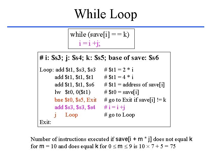 While Loop while (save[i] = = k) i = i +j; # i: $s