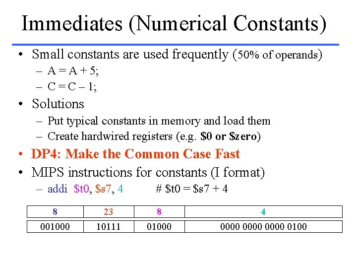 Immediates (Numerical Constants) • Small constants are used frequently (50% of operands) – A
