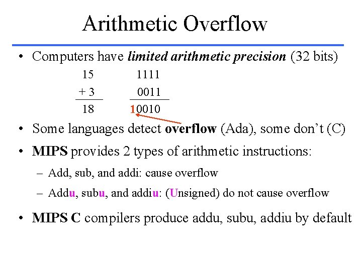 Arithmetic Overflow • Computers have limited arithmetic precision (32 bits) 15 +3 18 1111