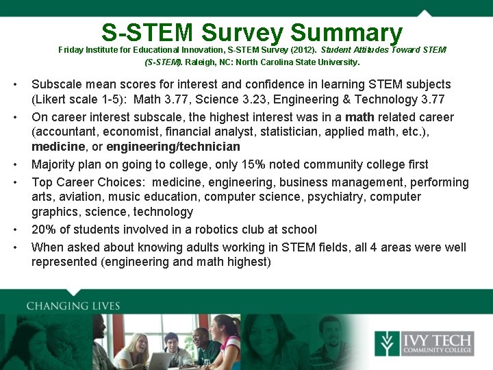 S-STEM Survey Summary Friday Institute for Educational Innovation, S-STEM Survey (2012). Student Attitudes Toward