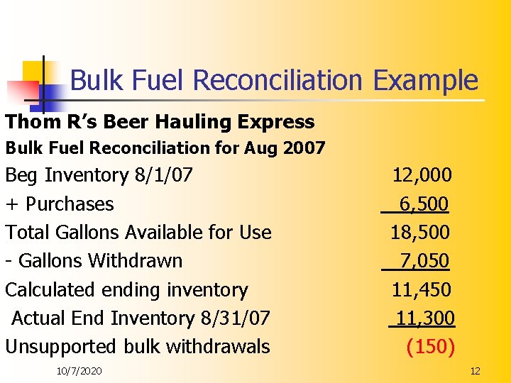 Bulk Fuel Reconciliation Example Thom R’s Beer Hauling Express Bulk Fuel Reconciliation for Aug