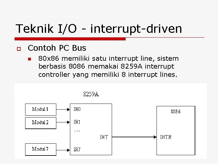 Teknik I/O - interrupt-driven o Contoh PC Bus n 80 x 86 memiliki satu Teknik I/O - interrupt-driven o Contoh PC Bus n 80 x 86 memiliki satu