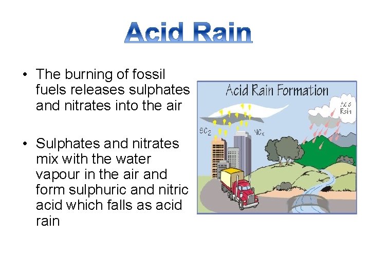  • The burning of fossil fuels releases sulphates and nitrates into the air
