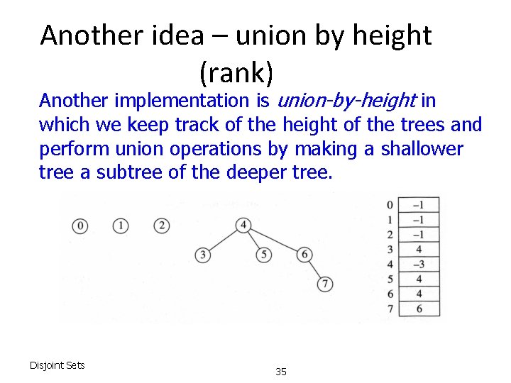 Another idea – union by height (rank) Another implementation is union-by-height in which we