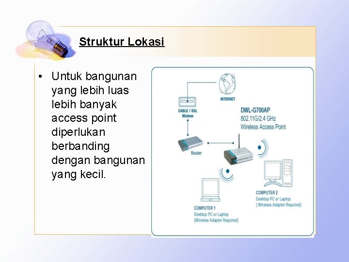 Struktur Lokasi • Untuk bangunan yang lebih luas lebih banyak access point diperlukan berbanding