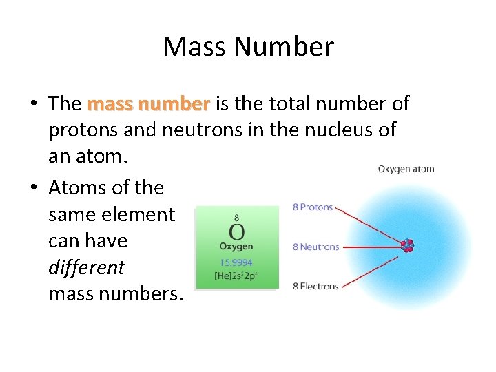 Mass Number • The mass number is the total number of protons and neutrons Mass Number • The mass number is the total number of protons and neutrons