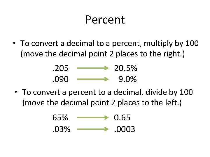 Percent • To convert a decimal to a percent, multiply by 100 (move the Percent • To convert a decimal to a percent, multiply by 100 (move the