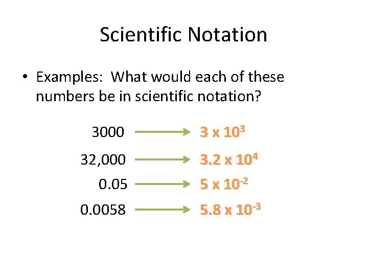 Scientific Notation • Examples: What would each of these numbers be in scientific notation? Scientific Notation • Examples: What would each of these numbers be in scientific notation?