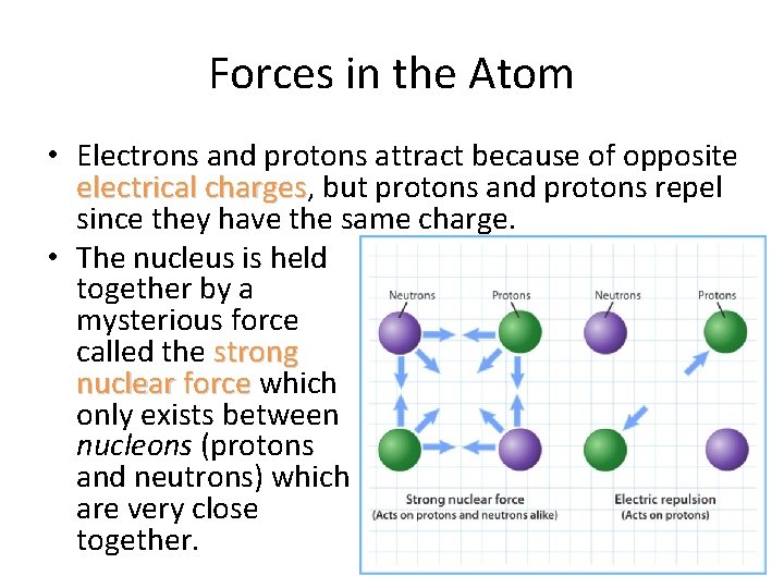 Forces in the Atom • Electrons and protons attract because of opposite electrical charges, Forces in the Atom • Electrons and protons attract because of opposite electrical charges,