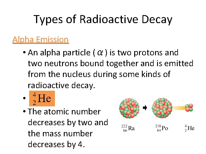 Types of Radioactive Decay Alpha Emission • An alpha particle (α) is two protons Types of Radioactive Decay Alpha Emission • An alpha particle (α) is two protons