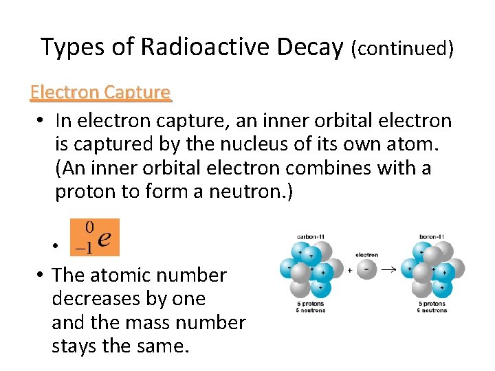 Types of Radioactive Decay (continued) Electron Capture • In electron capture, an inner orbital Types of Radioactive Decay (continued) Electron Capture • In electron capture, an inner orbital