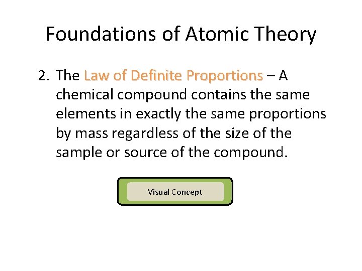 Foundations of Atomic Theory 2. The Law of Definite Proportions – A chemical compound Foundations of Atomic Theory 2. The Law of Definite Proportions – A chemical compound