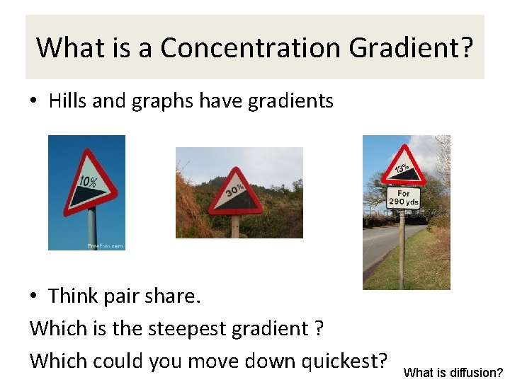 What is a Concentration Gradient? • Hills and graphs have gradients • Think pair