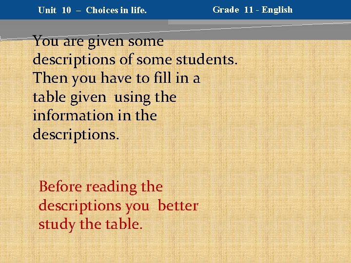 Unit 10 – Choices in life. Grade 11 - English You are given some