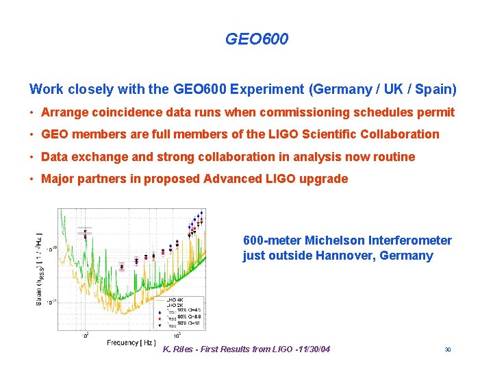 GEO 600 Work closely with the GEO 600 Experiment (Germany / UK / Spain) GEO 600 Work closely with the GEO 600 Experiment (Germany / UK / Spain)