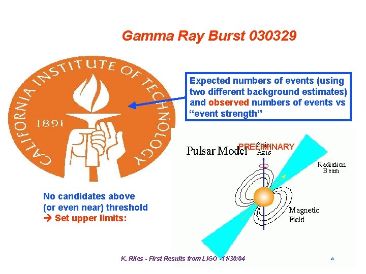 Gamma Ray Burst 030329 Expected numbers of events (using two different background estimates) and Gamma Ray Burst 030329 Expected numbers of events (using two different background estimates) and