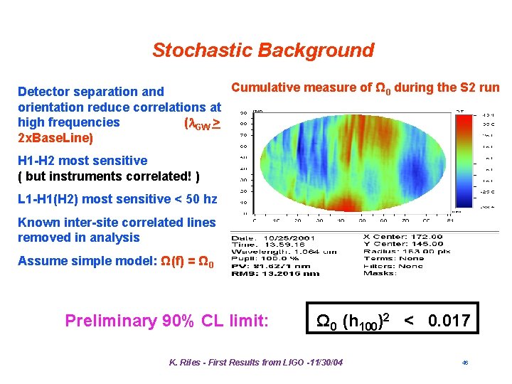Stochastic Background Cumulative measure of Ω 0 during the S 2 run Detector separation Stochastic Background Cumulative measure of Ω 0 during the S 2 run Detector separation