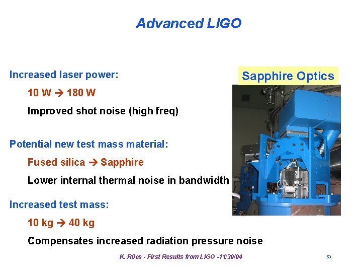 Advanced LIGO Increased laser power: Sapphire Optics 10 W 180 W Improved shot noise Advanced LIGO Increased laser power: Sapphire Optics 10 W 180 W Improved shot noise