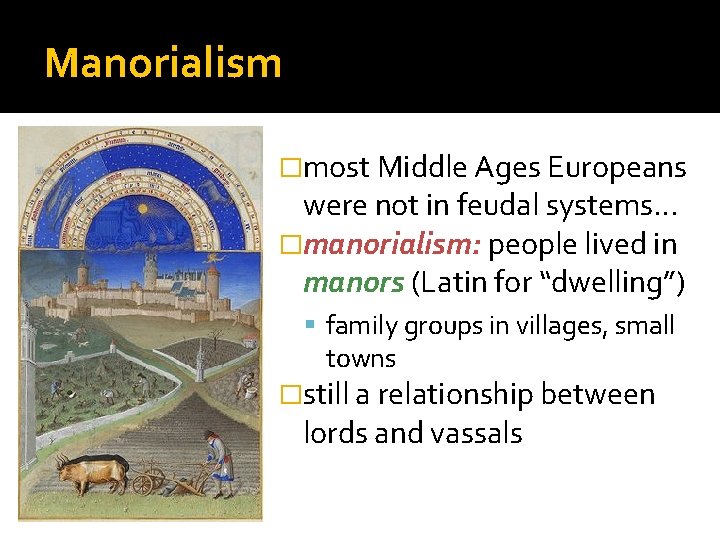 Manorialism �most Middle Ages Europeans were not in feudal systems… �manorialism: people lived in