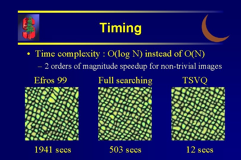 Timing • Time complexity : O(log N) instead of O(N) – 2 orders of