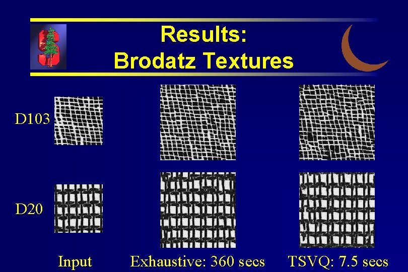 Results: Brodatz Textures D 103 D 20 Input Exhaustive: 360 secs TSVQ: 7. 5