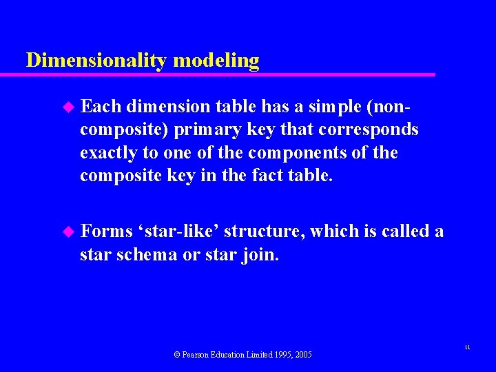 Dimensionality modeling u Each dimension table has a simple (non- composite) primary key that