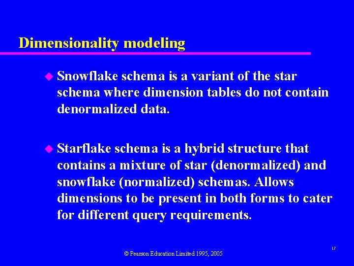 Dimensionality modeling u Snowflake schema is a variant of the star schema where dimension