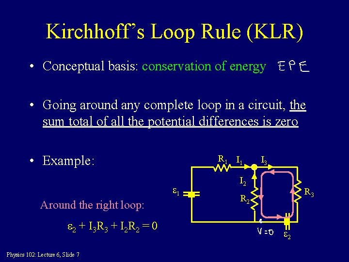 Kirchhoff’s Loop Rule (KLR) • Conceptual basis: conservation of energy • Going around any