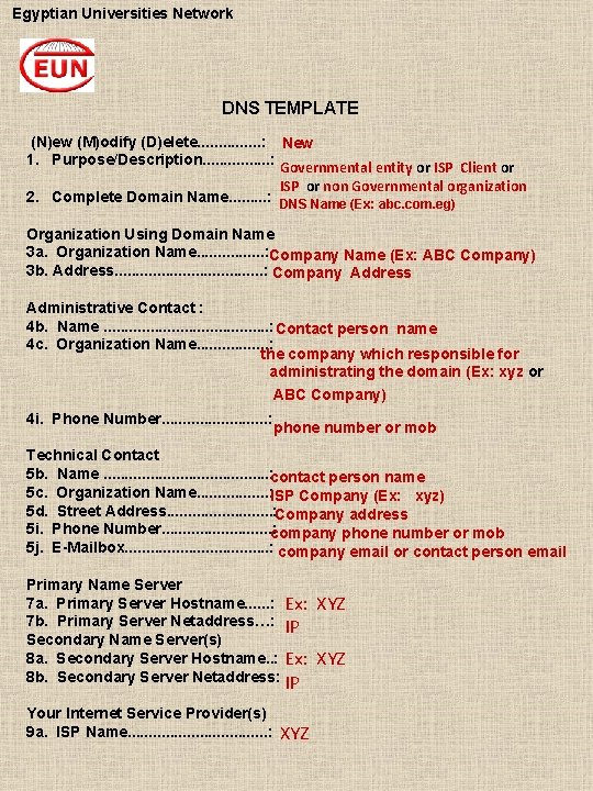 Egyptian Universities Network DNS TEMPLATE (N)ew (M)odify (D)elete. . . . : New 1.