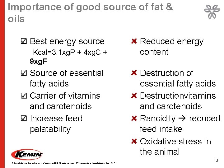 Importance of good source of fat & oils Best energy source Kcal=3. 1 xg.
