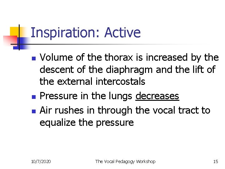 Inspiration: Active n n n Volume of the thorax is increased by the descent
