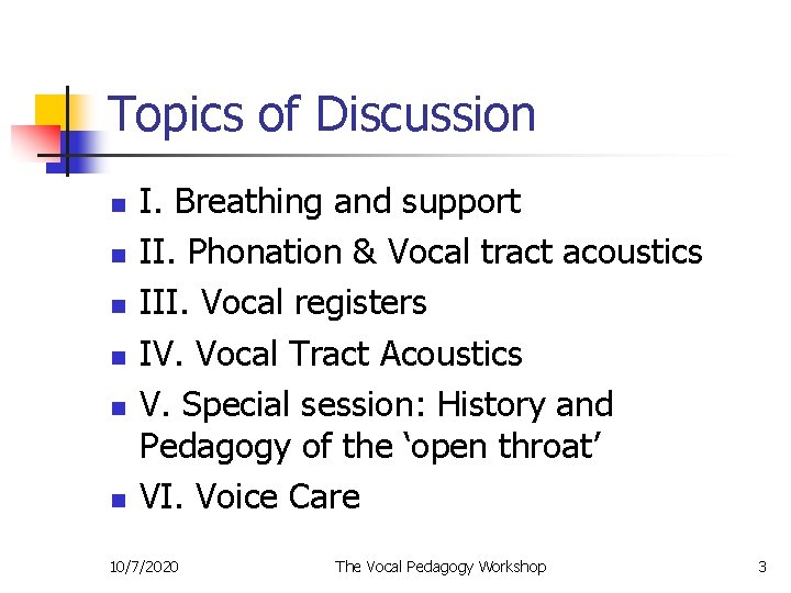 Topics of Discussion n n n I. Breathing and support II. Phonation & Vocal